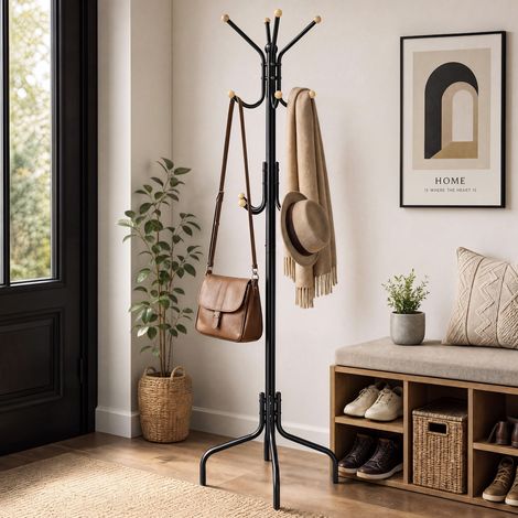 Porte-manteau sur Pieds, avec 12 Crochets, 4 Pieds, pour Manteaux, Chapeaux, Sacs, pour Entrée, Chambre, Bureau, Noir (1/5)