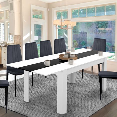 GEORGIA Mesa de comedor rectangular extensible para 6-10 personas en blanco y negro 140-220 x 90 cm (1/5)
