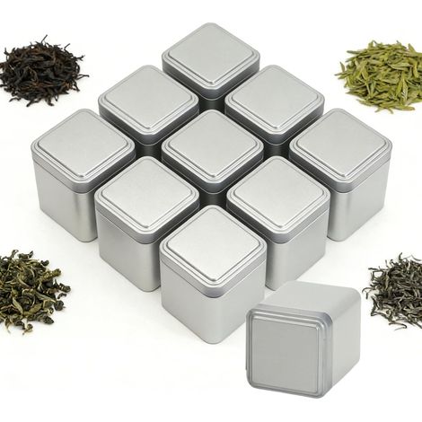 10er-Set Tee-/Aufbewahrungsdosen, klassisch, quadratisch, 7 × 7 × 8,5 cm, leere Teedosen mit luftdichten Deckeln. Kleine Metalldose für Zucker, Bonbons, Gewürze, losen Tee (silber). (1/5)