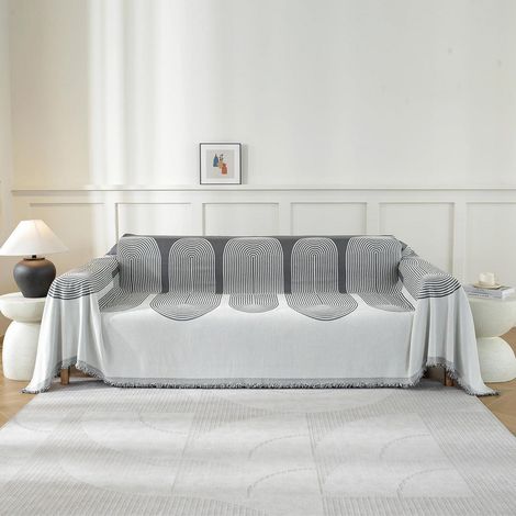Sofa Überwurfdecke 3 Sitzer 180x340cm Chenille Dunkelgrau mit Quasten (1/5)