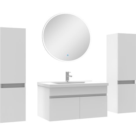 Ensemble meubles Salle de Bain simple vasque 80cm, colonnex2 + miroir rond Blanc