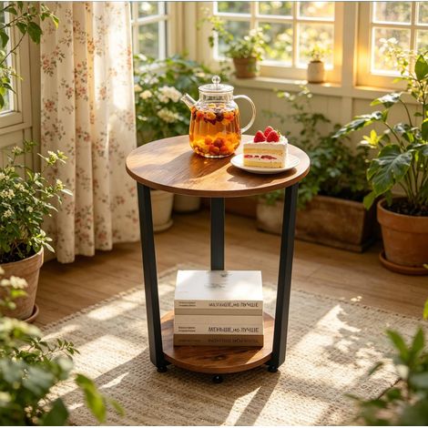 Table basse ronde 50 x 50 x 53 cm marron rustique, 2 étagères, bois et métal MEUBLIV (1/4)
