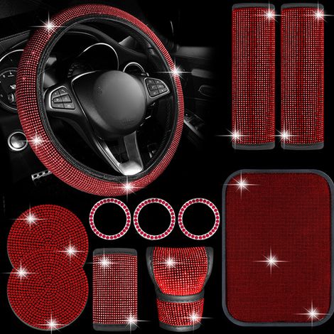 Juego de 11 accesorios para coche con pedrería: funda para volante, palanca de cambios, freno de mano, anillas para cinturones de seguridad, botón de arranque, posavasos y cojín para el reposabrazos.
