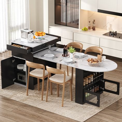 Tavolo da cucina allungabile con isola bar, dimensioni 55-194x80x95,5 cm, con LED, USB Type-C, vano portaoggetti, in MDF e vetro, colore bianco e nero (1/5)