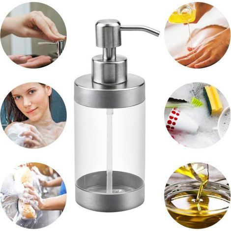 Distributeur de Savon en Acier Inoxydable, 350 ML Pompe à Savon Transparente Distributeur de Gel Douche pour Salle de Bain, Hôtel (1/4)