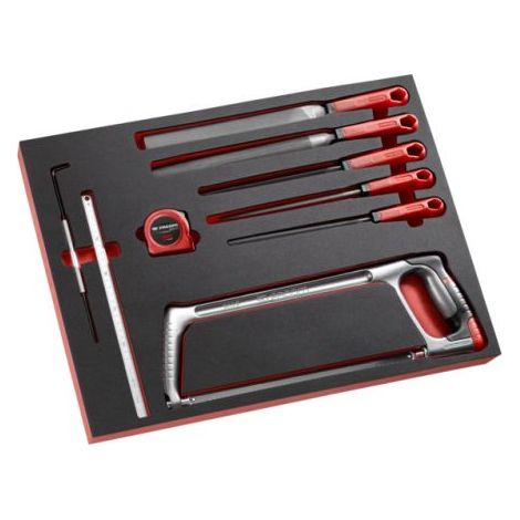 Facom – Mallette à outils 9 pièces – Scie à plateau en mousse – Mètre à ruban – Modules de rangement – Pour entretien pièces