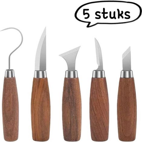 Ensemble de travail du bois 5 pièces : couteau à sculpter pour les amateurs de bricolage, cuillère à sculpter incurvée, kit complet de sculpture sur bois, marron (1/5)