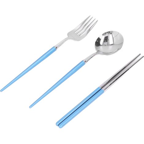Ensemble de couverts en acier inoxydable portable avec fourchette, cuillère et baguettes pour bureau, camping, école ou pique-nique - Bleu