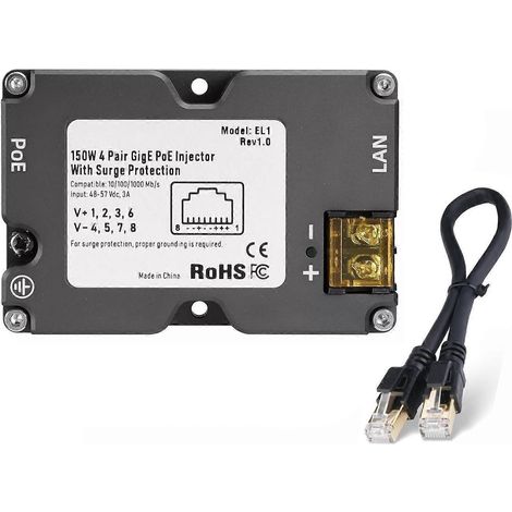 Injecteur Power over Ethernet 150 W Gigabit passif avec câble Cat8 DC48‑
