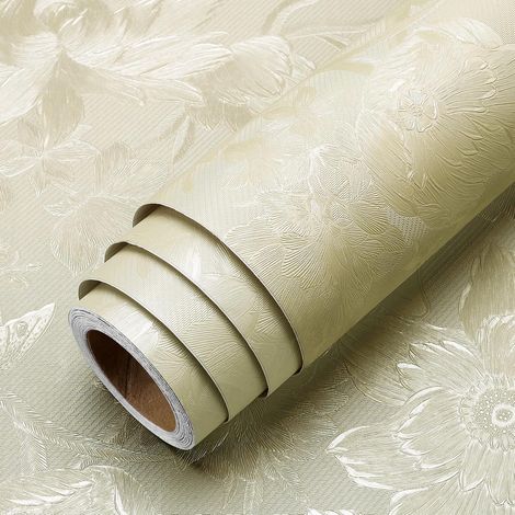 Papier Peint Beige Creme Motif Fleuri Tapisserie Autocollante Murale Salon 40cm x 200cm Papier Peint Adhesif Mural Texturé Lavable Vinyle Adhesif Fleurs pour Meuble Armoire Mur Chambre (1/5)