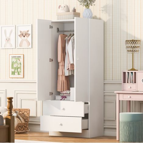 Armoire penderie 70x40x170 cm avec 2 tiroirs et espace de suspension, structure stable, bois et blanc - blanc (1/5)