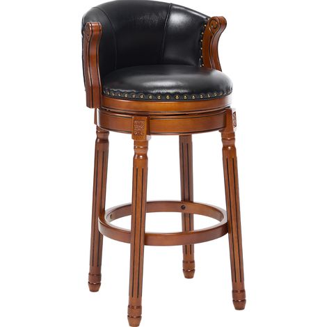 Sgabello da bar girevole a 360° in pelle e legno con schienale, nero (1/5)