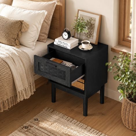 Table de chevet 40×30×55cm, lot de 2, finition aspect rotin, meuble de rangement, tiroirs, placard de rangement, étagères ouvertes, pieds en bois, style moderne, pour chambres et salons, Bois, Noir (1/5)