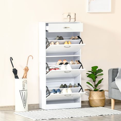 Meuble à Chaussures - 3 Portes abattantes et tiroir Coulissant - dim. 62L x 24l x 135H cm - poignées alu. Panneaux Particules Blanc