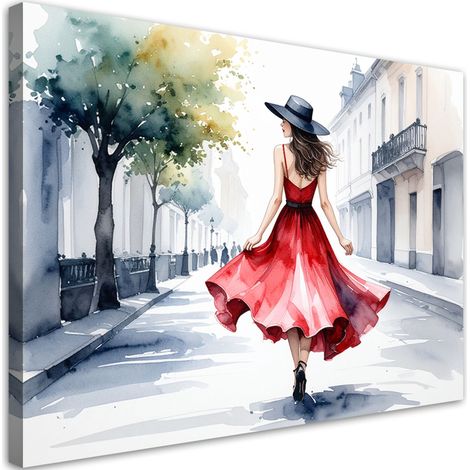 Wandbild Frau in rotem Kleid und Hut 60x40 cm (1/5)