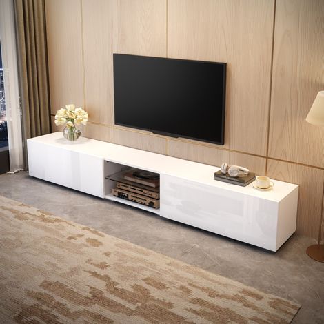 Mobile TV 200x30x30 cm con LED controllabile tramite app, 3 zone contenitore, ante lucide - bianco (1/5)