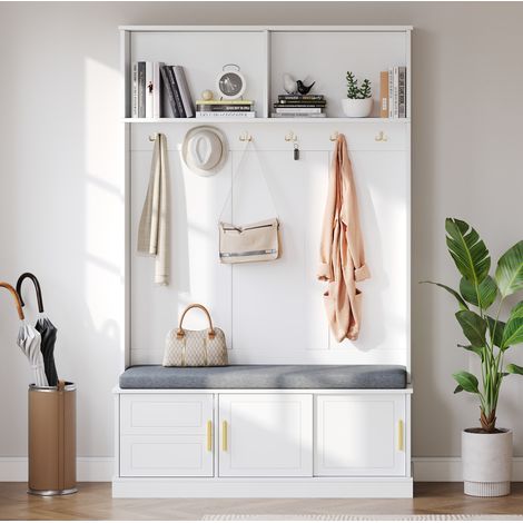 Appendiabiti con scarpiera e panca 120x40x191 cm, 6 ganci, vano porta scarpe, truciolato bianco (1/5)
