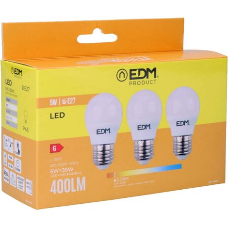 Kit 3 Bombillas LED EDM Esféricas E27 5W 400lm 3200K Luz Cálida Ø4,5x8cm (1/5)