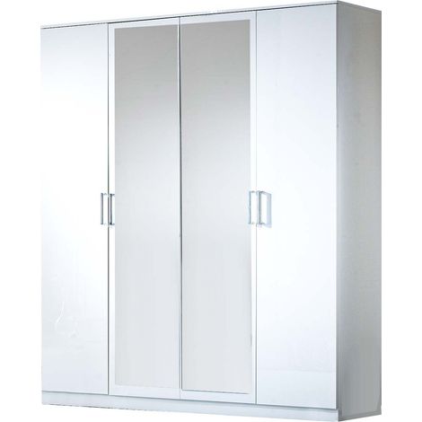 Armoire de chambre moderne 4 portes battantes bois blanc laqué et miroir Mona 181cm (1/4)