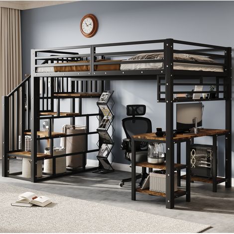 Letto a soppalco 120x200 cm nero e noce scuro in metallo e legno con scrivania e scala (1/5)