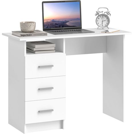 Scrivania 100x40x75 cm con 3 Cassetti e Vano a Giorno in Legno Bianco (1/5)