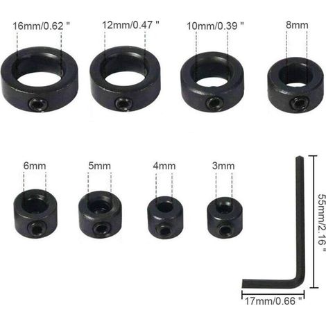 8PCS Butée de Profondeur de Foret 3-16 mm Colliers Anneau Positionneur Réglable Butée de Foret avec Clé Hexagonale pour Tournevis Limiter la Profondeur du Trou de Perçage (1/4)