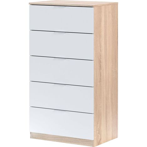 Cassettiera Camera da Letto con 5 Cassetti in Legno Comò Moderno Bianco e Rovere (1/5)