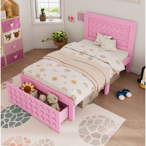 Cama infantil de madera rosa 90x190 cm con somier de láminas, cajón y espacio de almacenamiento (1/5)