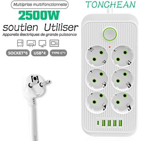 Bloc 6 Prises 2500W avec 4 Ports USB et 1 USB C Parafoudre Surtension Interrupteur Câble 2m Blanc (1/4)