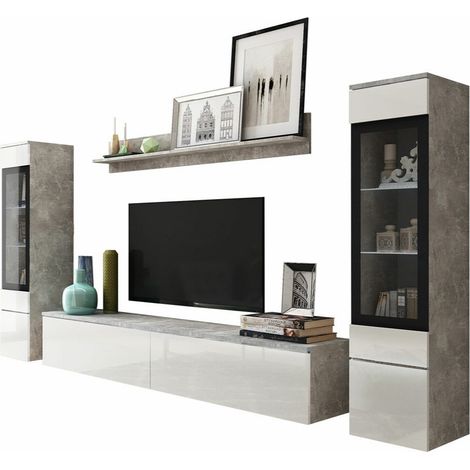 Ensemble de salon Mirfivo 101, Béton + Blanc brillant