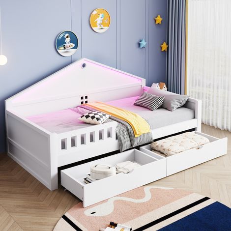 Kinderbett 90x200 cm Weiß aus Massivholz und MDF mit LED-Lichtleiste und 2 Schubladen (1/5)