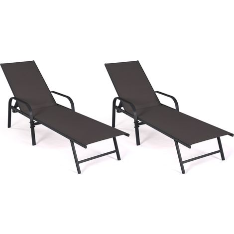 Idmarket – Lot de 2 transats inclinables en acier noir – Toile textilène gris anthracite – 5 positions – Charge max 130kg – Dimensions 185x58x50cm (1/5)