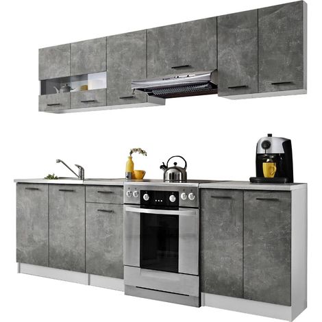 Dusine – Cuisine complète Bigo 7 éléments – Longueur 240 cm – Finition béton – Caissons mélaminé certifié FSC – Installation facile