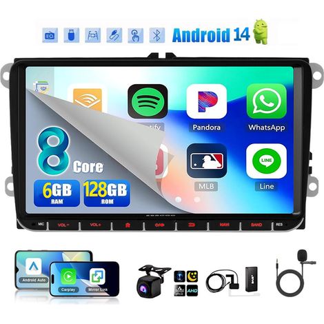 Autoradio Android 14 Carplay 6+128G, GPS, Bluetooth, EQ, USB, Navigation GPS, WIFI, écran tactile, pour VW GOLF 5/6, Touran, Caddy, Polo, 4G - 6+128GDAB+ MIC CAM