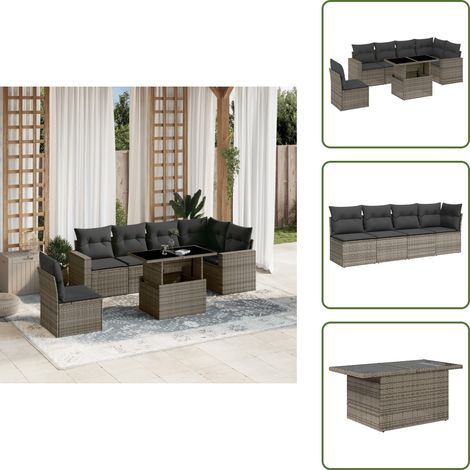 The Living Store 7-tlg. Garten-Sofagarnitur mit Kissen Grau Poly Rattan - Gartentisch (1/5)