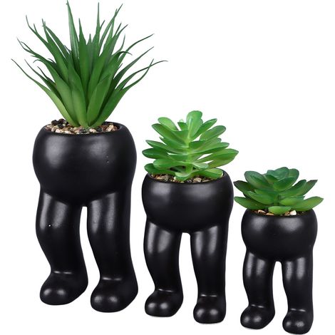 Lot de 3 mini fausses plantes grasses en pots céramique, déco design mignonne en forme humaine avec plateau bambou pour chambre et bureau (1/5)