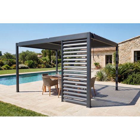 Pergola bioclimatique autoportée 3x4m PIANA aluminium gris avec 1 persienne brise-vue