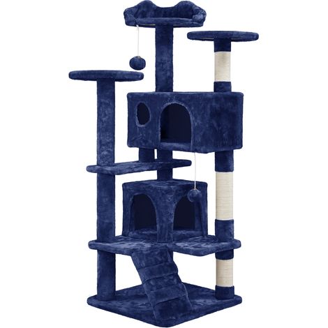 Yaheetech Arbre à Chat 139 cm, Arbre à Grimper avec 2 Niches 3 Plateformes 2 Boules en Sisal Multi-Niveaux Idéal pour 3-4 Chats, Bleu marine