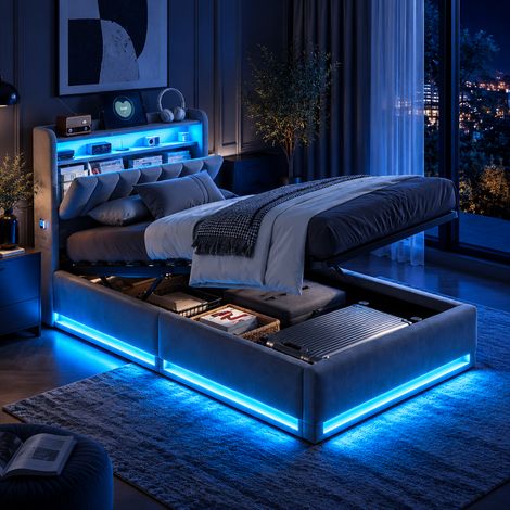 FOERPL-Letto 90 x 200 cm con rete a doghe, letto contenitore 90 x 200 cm con LED e porte USB, letto matrimoniale imbottiti 90 x 200 cm con testiera e contenitore, letto per adulti con rete a doghe