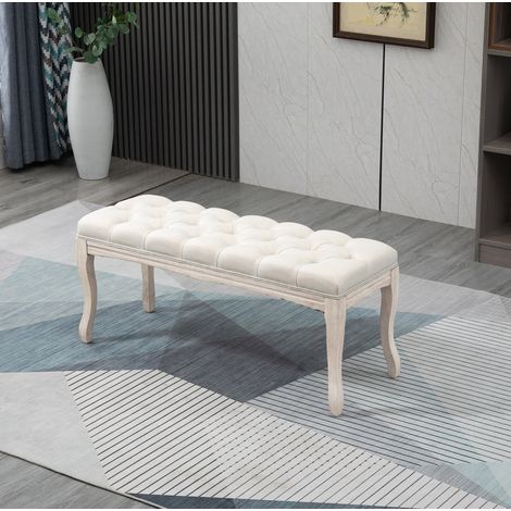 Banc rembourré vintage 110x40x48 cm en bois et lin beige, facile à monter pour chambre FloraGrace (1/5)