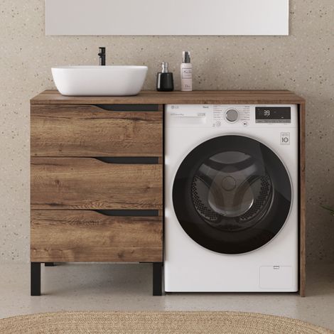 Meuble lave linge 124cm avec plateau et vasque arrondie - sans miroir - 3 tiroirs - tabacco (chêne foncé) - SANTA (1/5)