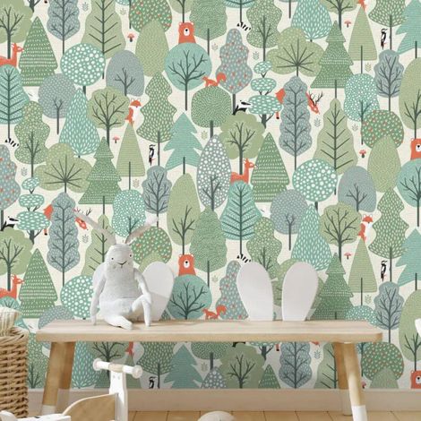 Muriva Sage Green Wild Woodland Wallpaper Kids Nursery Feature Wall (1/2)