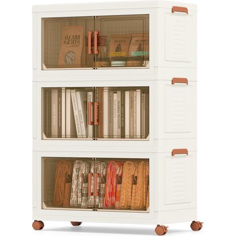 GOPLUS Boîtes de Rangement en Plastique, Boîtes de Rangement Empliables avec Couvercles, Roues Universelles, Portes Avant, Poignées Pratiques, pour Maison, Bureau (68.5(L),3 Niveaux) (1/5)