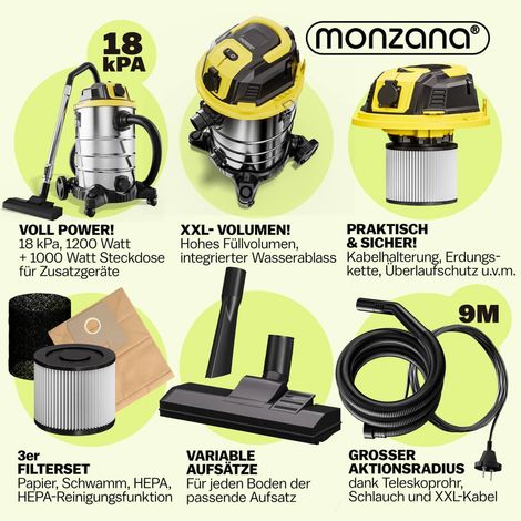 MONZANA® Nass Trockensauger 30L 2200W + Steckdose GS-zertifiziert 9m Bewegungsradius Industrie Staubsauger Edelstahl Nasssauger Waschsauger Blasfunktion