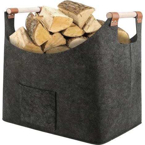 Panier À Bois En Feutre - 1 Unité - Gris Foncé - Pliable Avec Poche - Pour Cheminée Et Rangement - 45x40x32 Cm (1/5)