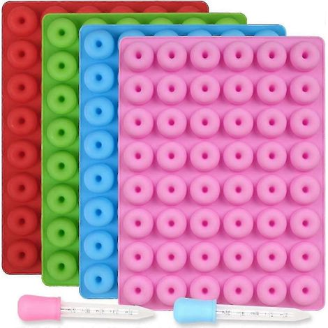 Ensemble de 4 moules à donuts en silicone, moules ronds à 48 cavités pour bonbons gélifiés avec 2 pipettes, moules antiadhésifs de qualité alimentaire pour bonbons, chocolat, glaçons (1/5)