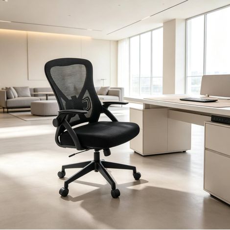Sedia da ufficio ergonomica girevole con schienale regolabile, rete nera e braccioli pieghevoli (1/5)