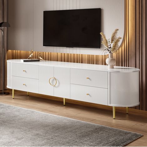 Mueble TV bajo de MDF 180 cm blanco con ondas 3D, cajones, puertas y patas de hierro (1/5)