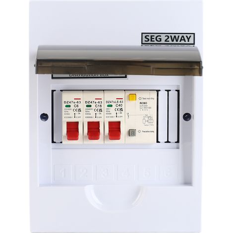 Boîte à fusibles bidirectionnelle 40 A 30 mA avec disjoncteur différentiel (RCD) et 2 disjoncteurs miniatures (MCB) pour garage ou bâtiment résidentiel. (1/5)