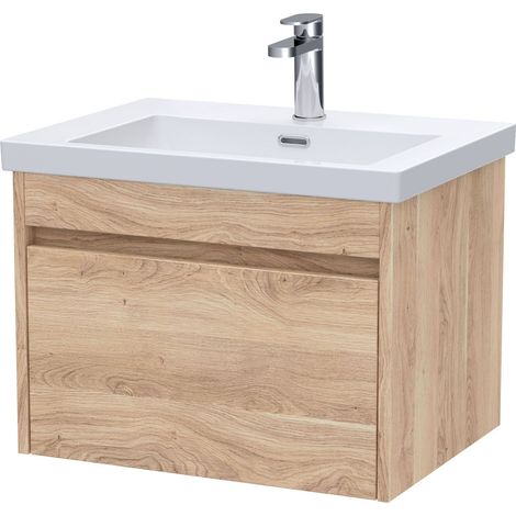 Swainsley Contemporary Wall Hung 1 Drawer Vanity Unit with 1 Tap Hole Contemporary Fireclay Basin, 600mm, Bleached Oak